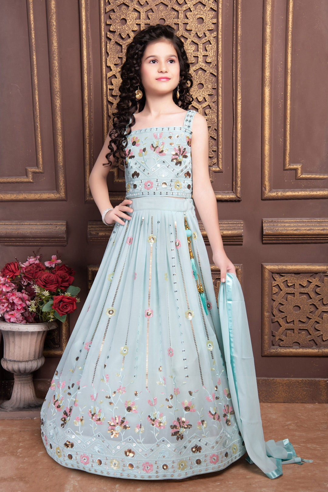 Elegant Blue Kidswear Sharara Suit with Multicolor Sequin Work for Parties & Weddings
