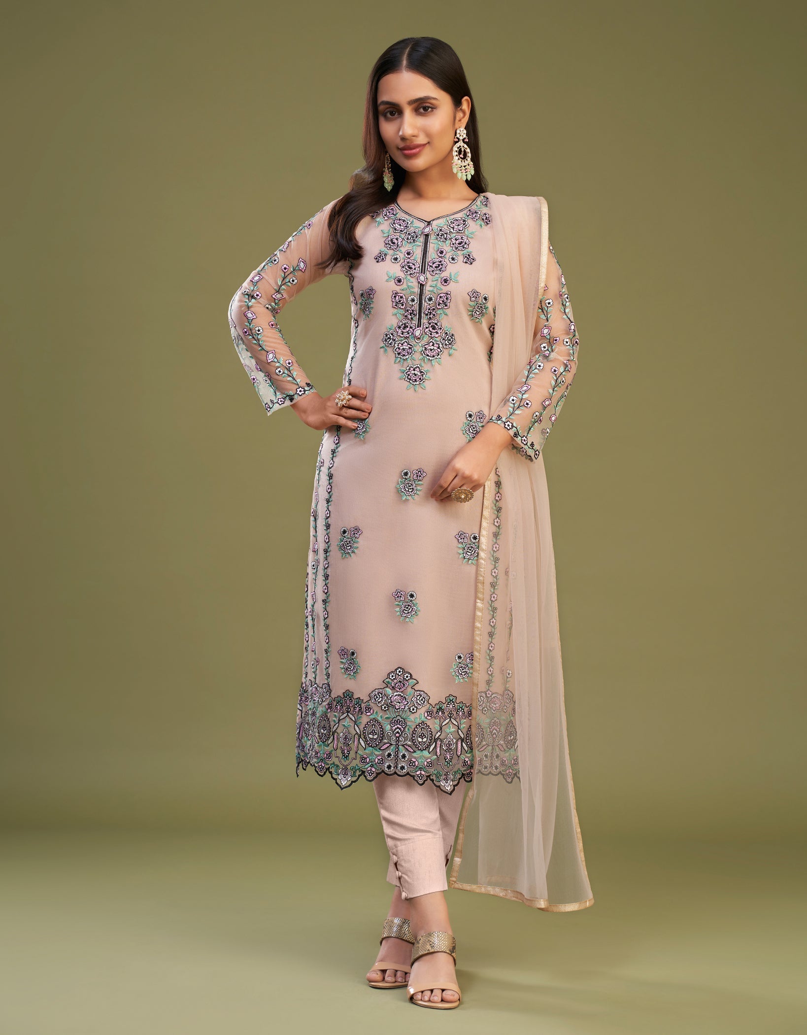 Peach Perfection: Exquisite Multi-Thread Embroidered Salwar Suit for Weddings & Parties