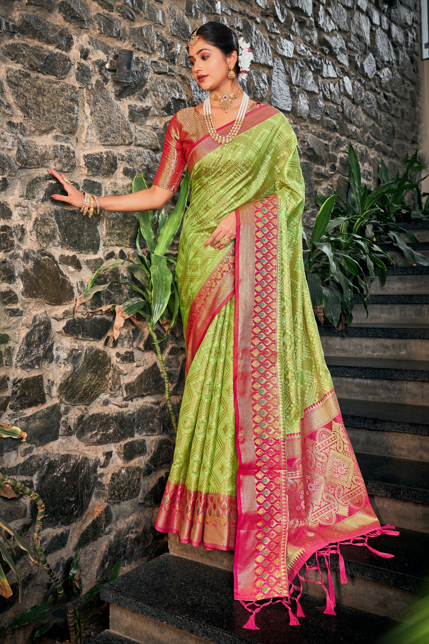 Enchanting Light Green Saree: Embroidered Elegance with Pallu Tassels for Parties & Weddings.
