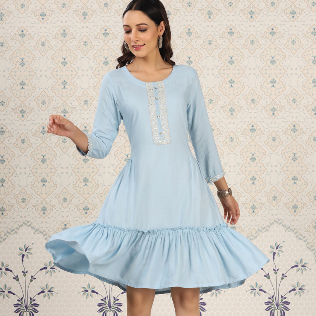 Elegant Sky Blue Embroidered Short Top in Party-Ready RAYON Fabric