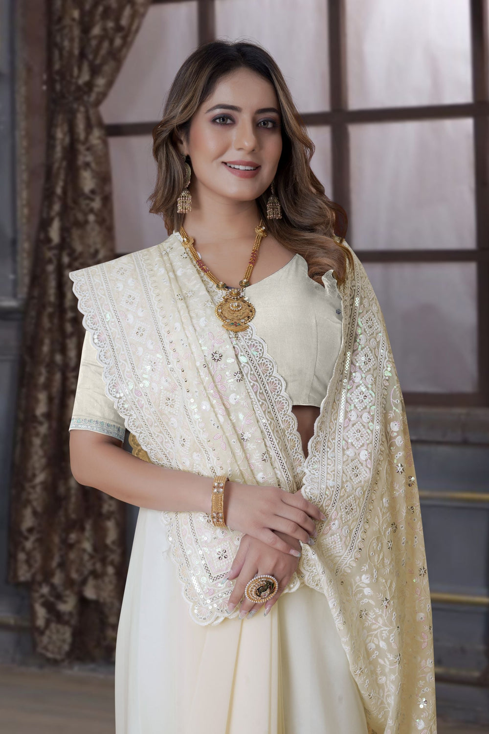 Enchanting Cream Saree: Intricate Resham & Sequins Embroidery, Gorgeous Gorgette, Perfect for Parties & Weddings