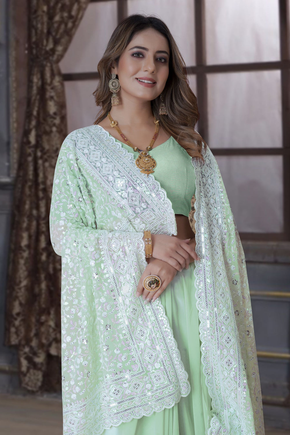 Pista Green Resham & Sequins Saree with Intricate Embroidery & Heavy Work Blouse