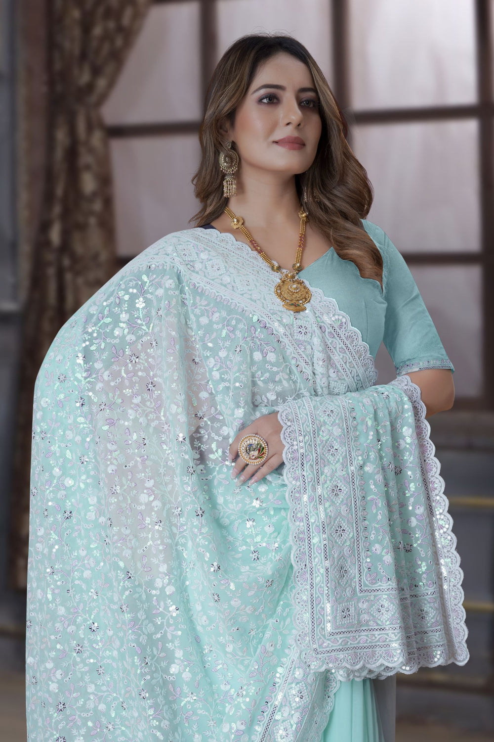 Copy of Pista Green Resham & Sequins Saree with Intricate Embroidery & Heavy Work Blouse
