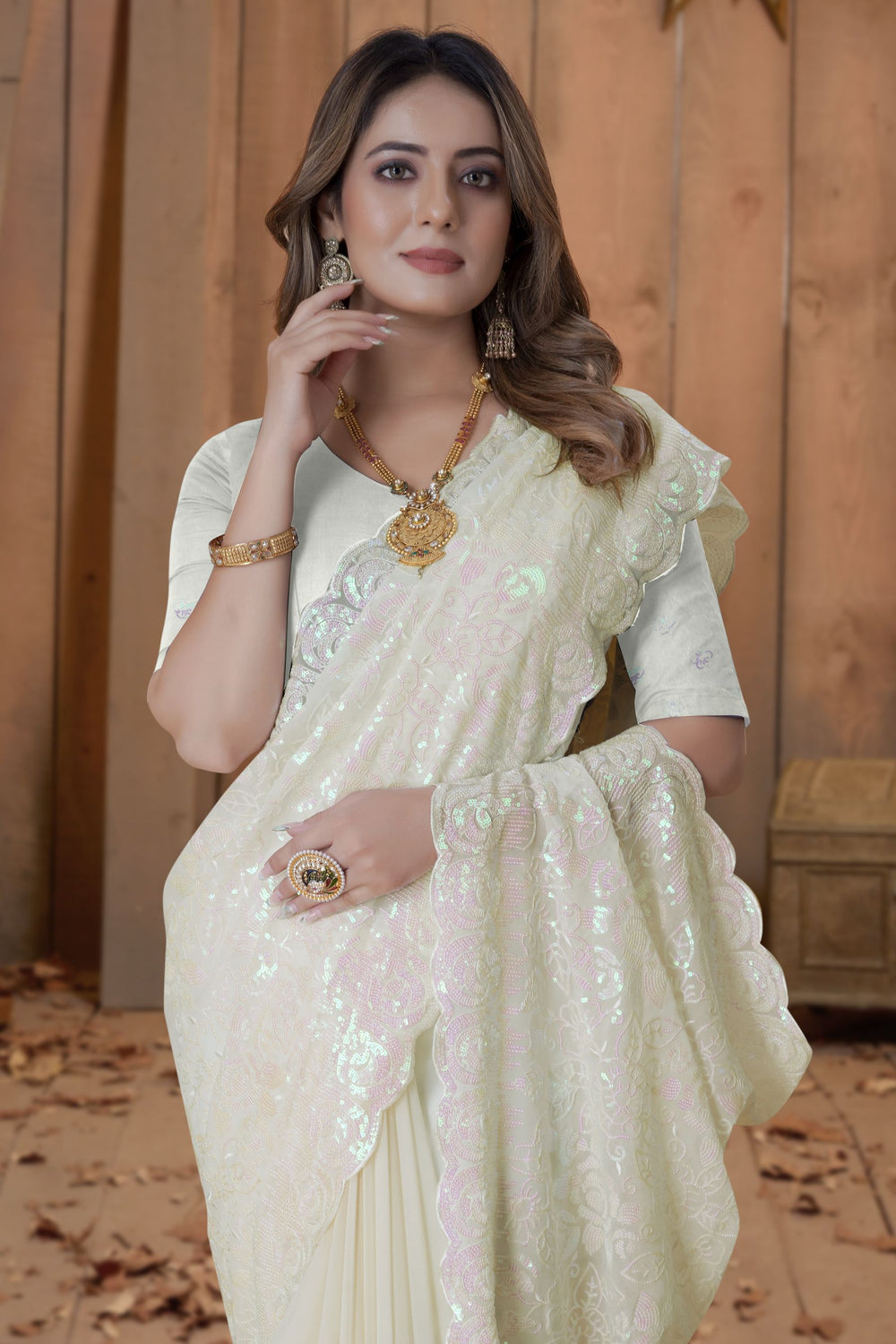 Enchanting Light Cream Saree with Intricate Resham & Sequins Embroidery - Perfect for Parties and Weddings!