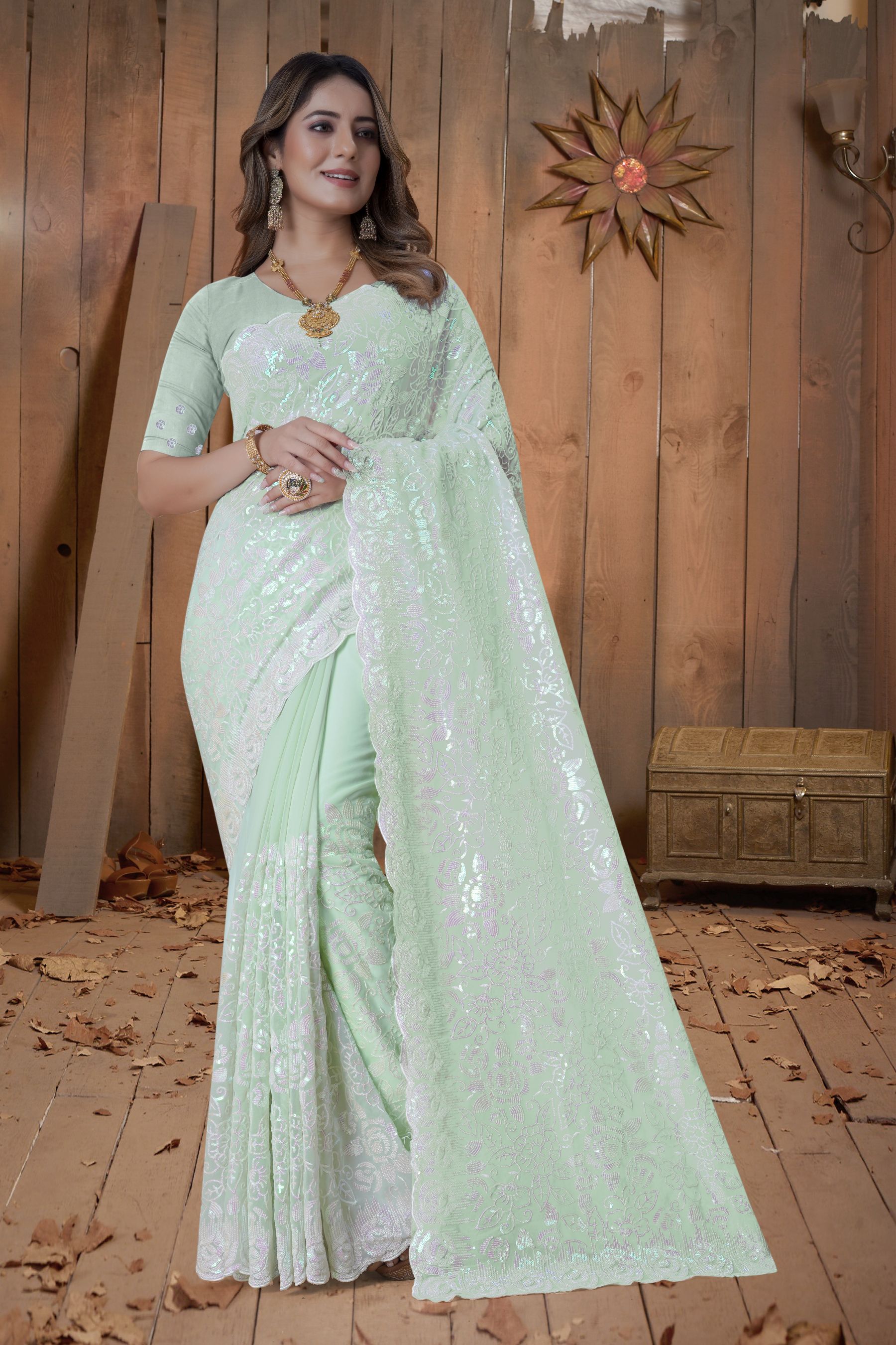 Enchanting Light Green Saree with Resham & Sequins Embroidery, Perfect for Parties and Weddings