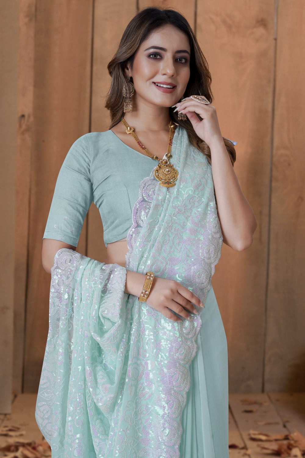 Exquisite Seablue Sequin Saree with Resham Embroidery & Heavy Work Blouse