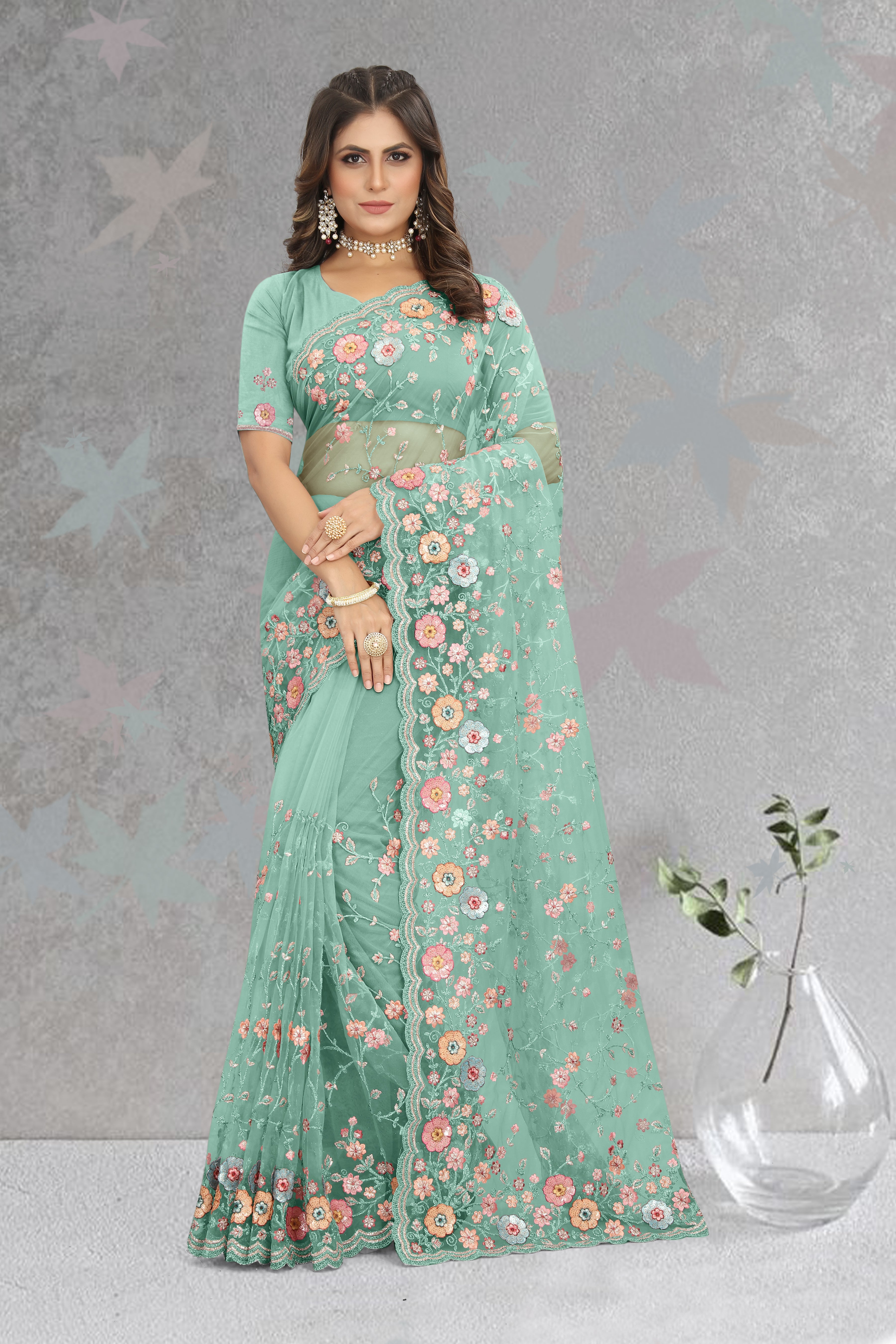 Sky Blue Saree with Resham, Sequin Embroidery & Butta Work, Perfect for Parties and Weddings