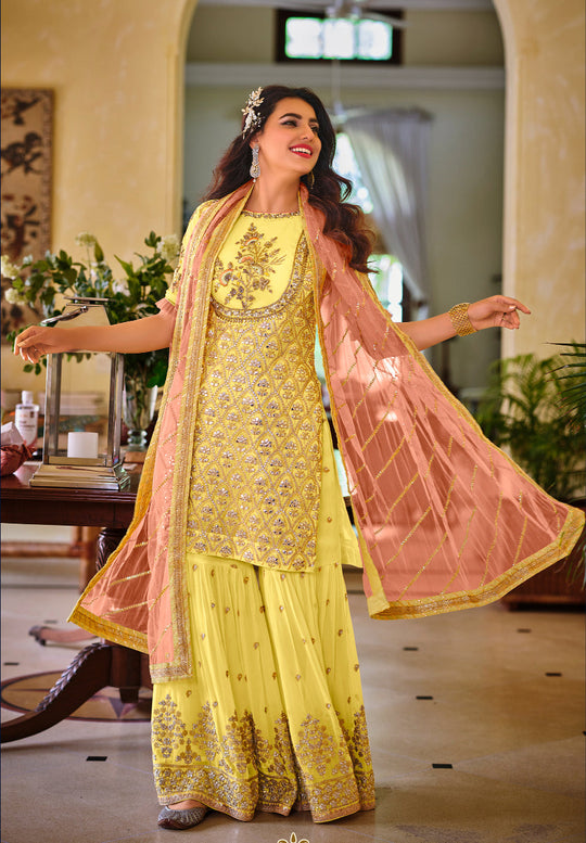 Elegant Yellow Shara Salwar Suit with Georgette Embroidery for Weddings & Parties