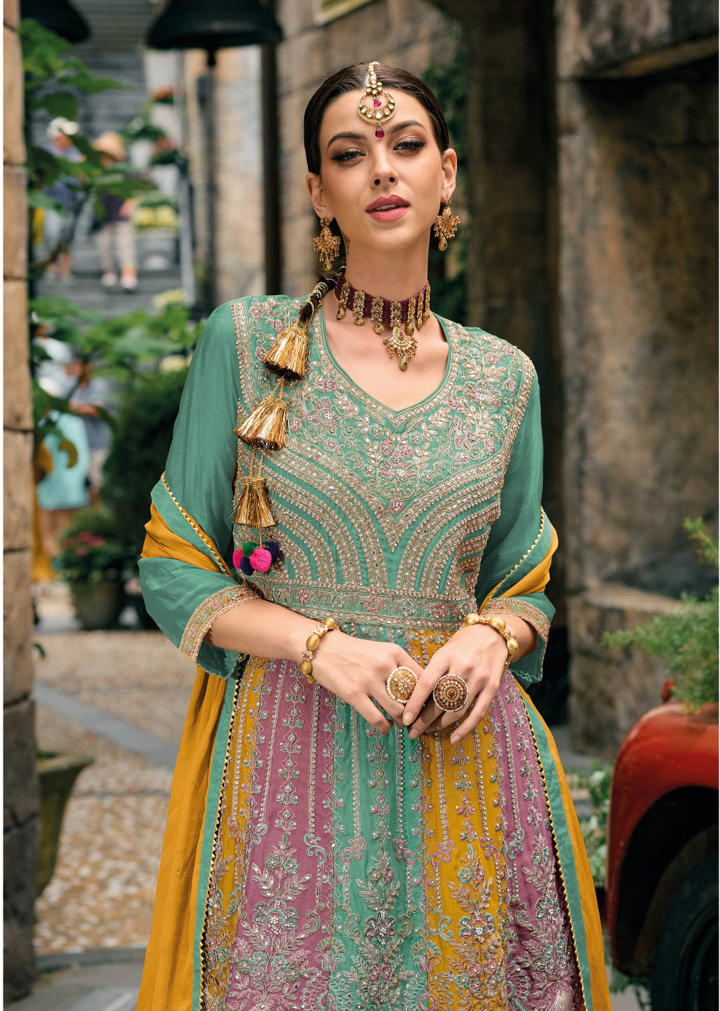 Elegant Green Chinon Sharara Suit with Diamond Embroidery for Wedding & Party