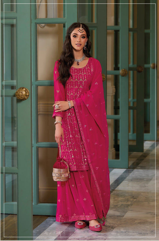 Pink Sharara Salwar Suit: Glamorous Gourgette with Heavy Embroidery for Weddings & Parties
