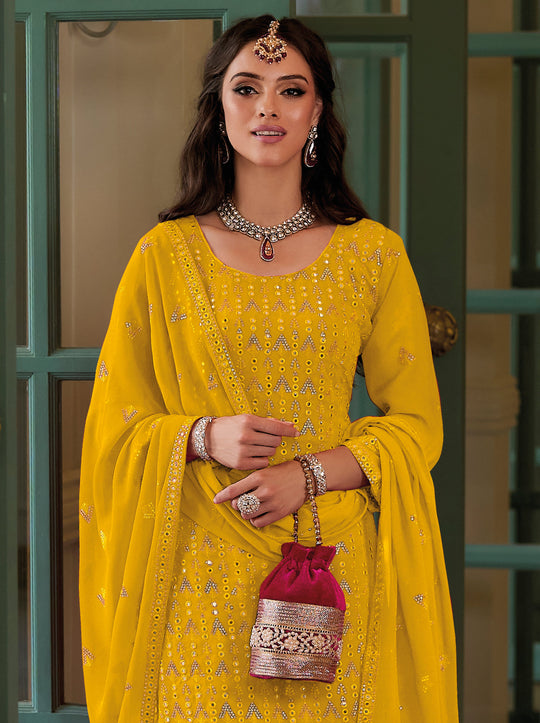 Yellow Sharara Salwar Suit: Gourgette Beauty with Heavy Embroidery for Weddings & Parties