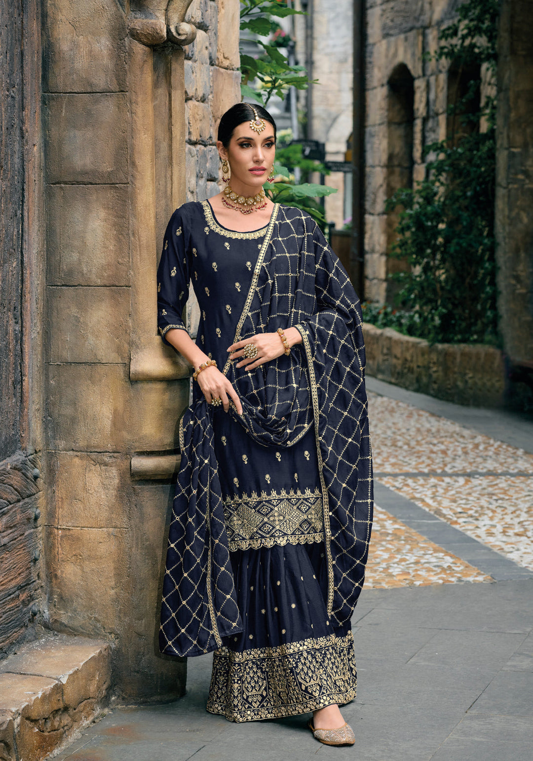 Elegant Blue Heavy Chinon Palazzo Suit with Stunning Embroidery Work