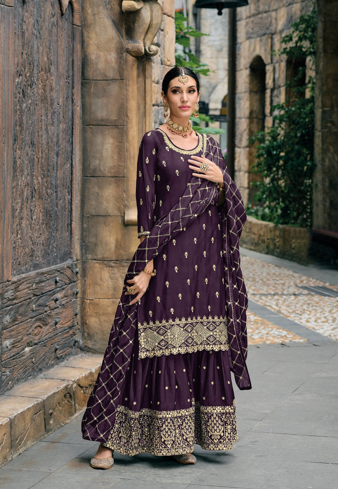 Elegant Purple Chinon Palazzo Suit with Exquisite Embroidery for Weddings & Parties