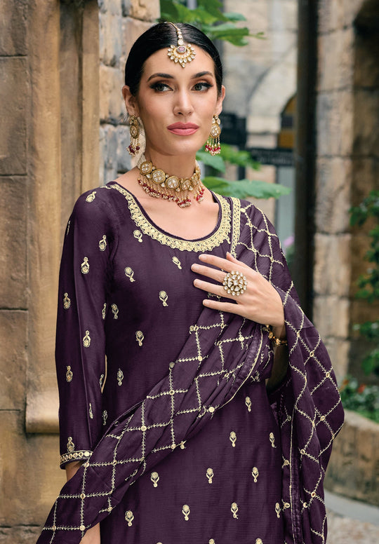 Elegant Purple Chinon Palazzo Suit with Exquisite Embroidery for Weddings & Parties