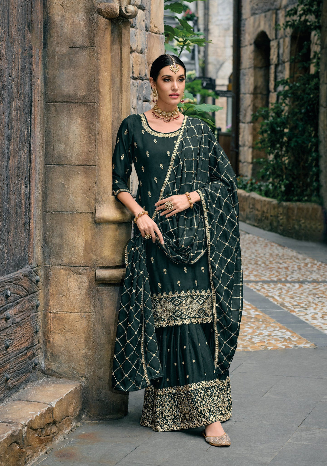 Elegant Green Chinon Palazzo Suit with Intricate Embroidery for Weddings & Parties
