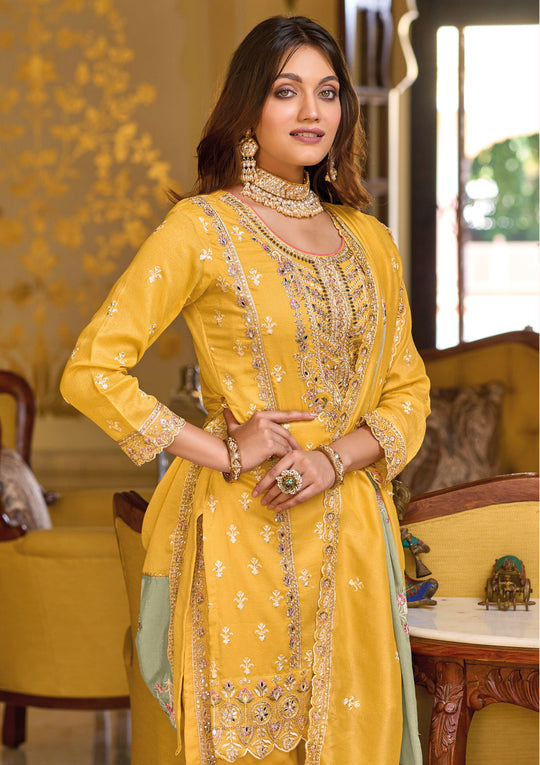 Elegant Yellow Silk Salwar Suit with Exquisite Embroidery for Wedding & Parties