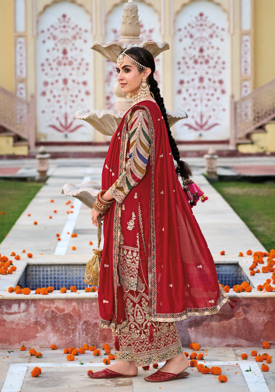 Elegant Red Silk Sharara Salwar Suit for Wedding and Party Glamour