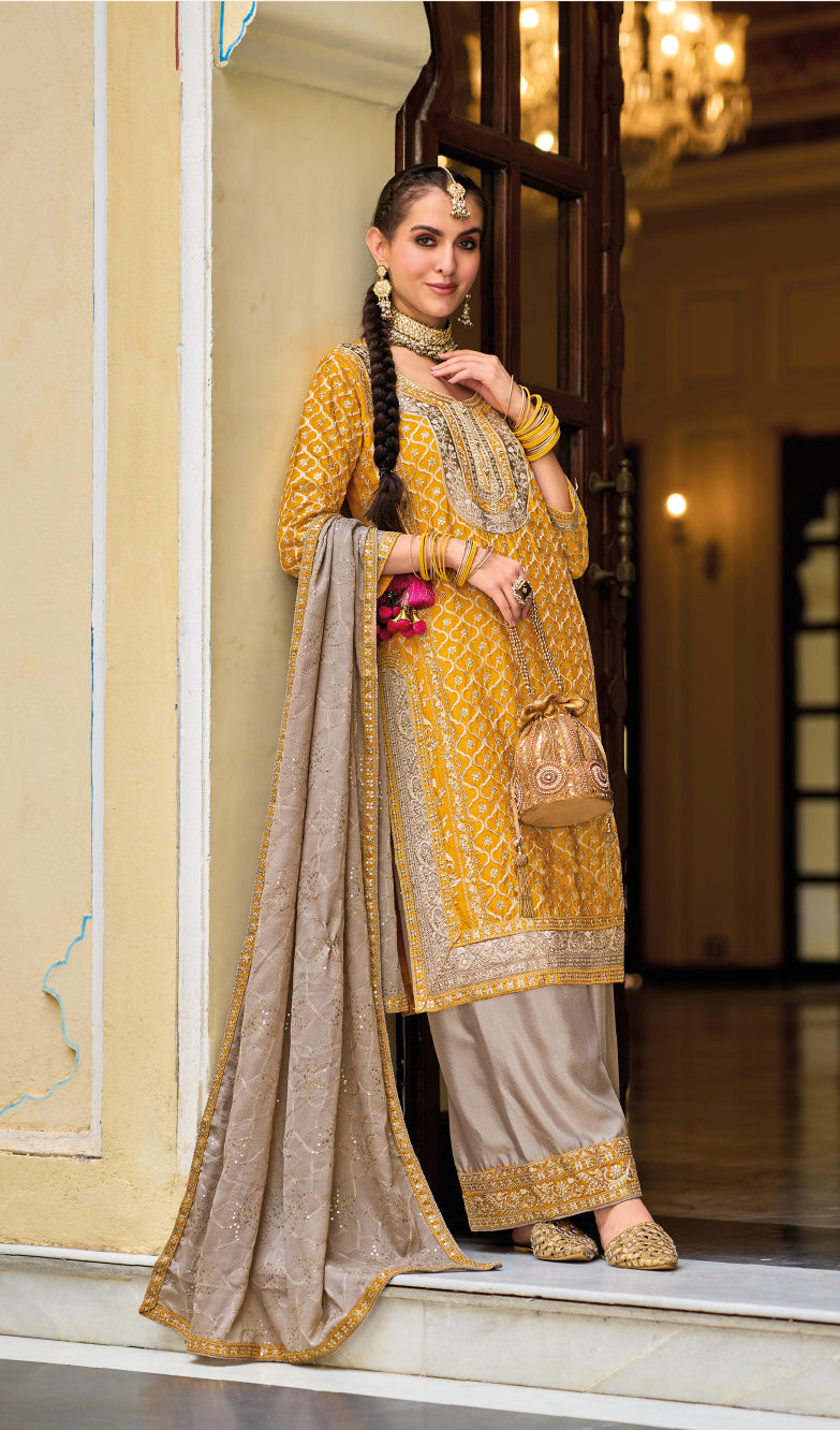 Yellow Heavy Chinon Embroidered Sharara Suit for Weddings & Parties