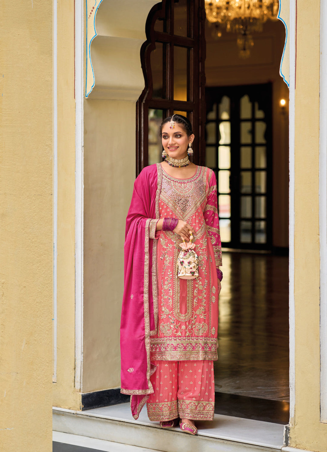 Elegant Pink Heavy Chinon Sharara Suit for Weddings & Parties