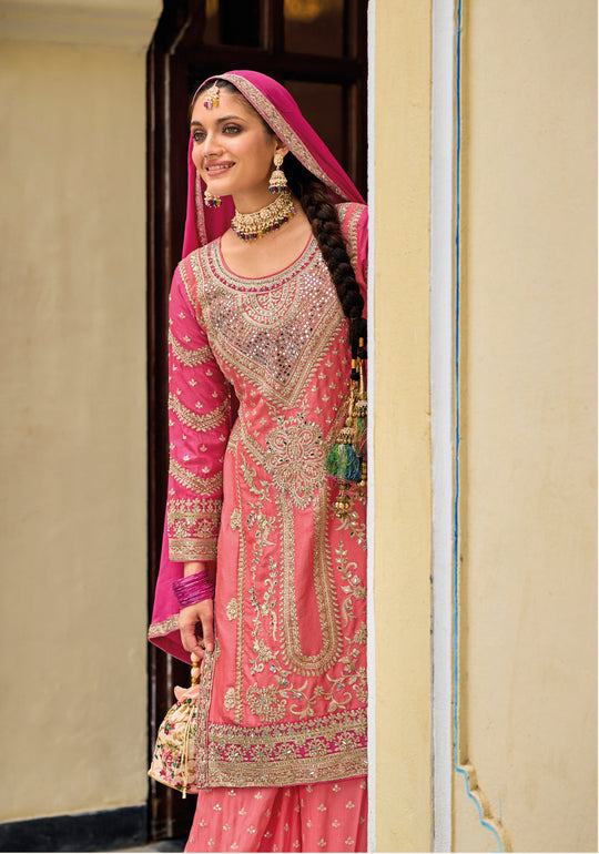 Elegant Pink Heavy Chinon Sharara Suit for Weddings & Parties