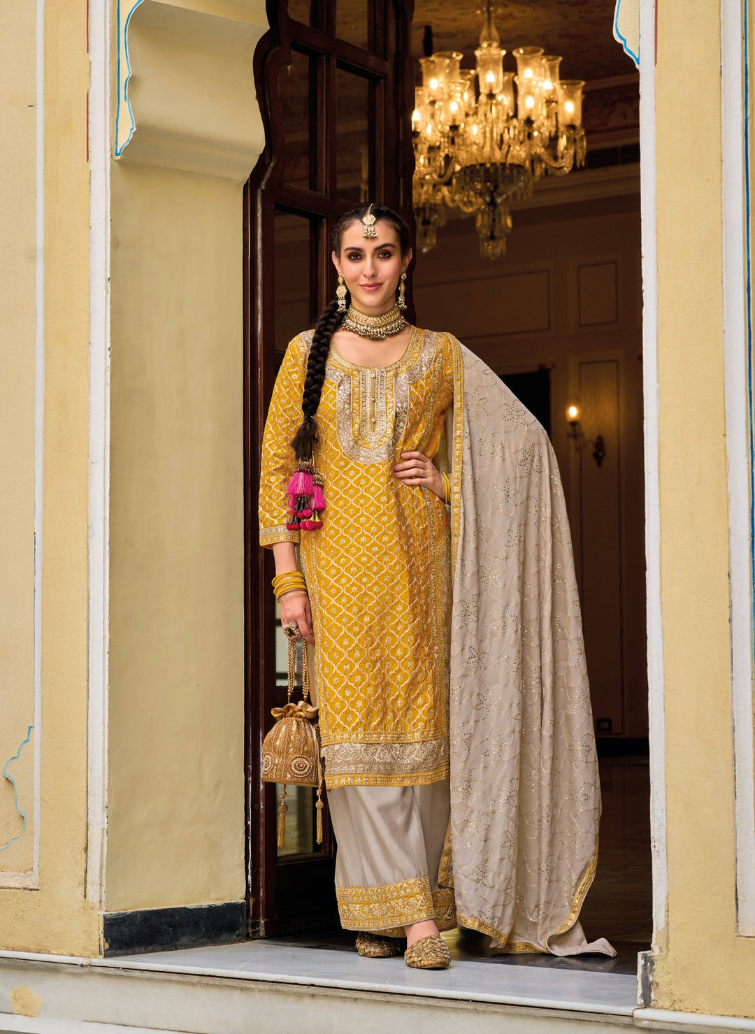 Yellow Heavy Chinon Embroidered Sharara Suit for Weddings & Parties