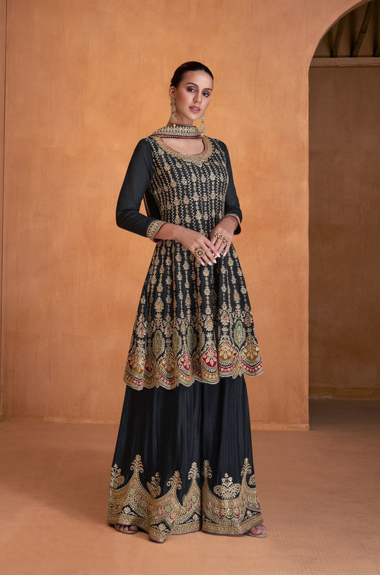 Elegance in Black: Real Chinon Embroidered Sharara Salwar Suit for Weddings & Parties