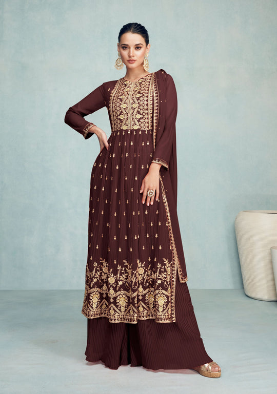 Elegant Brown Georgette Gown: Perfect for Parties and Weddings