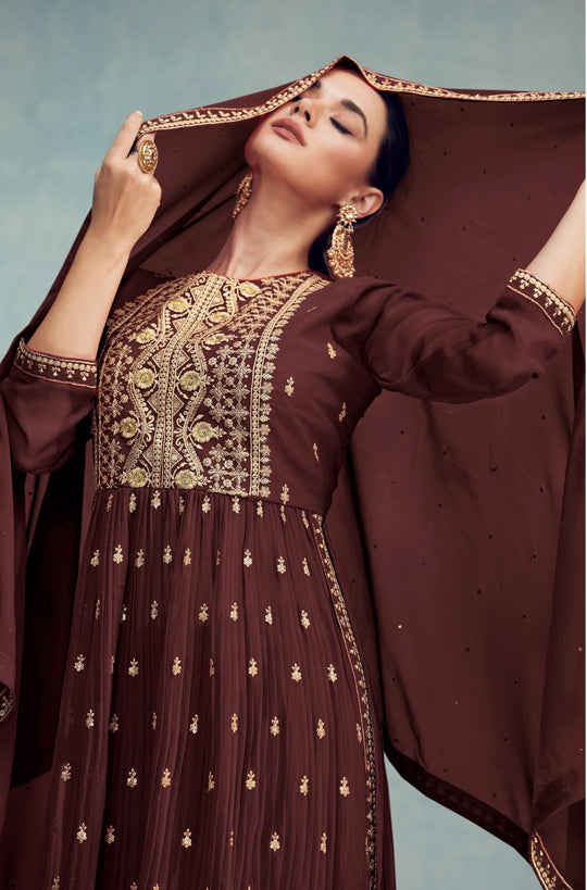Elegant Brown Georgette Gown: Perfect for Parties and Weddings