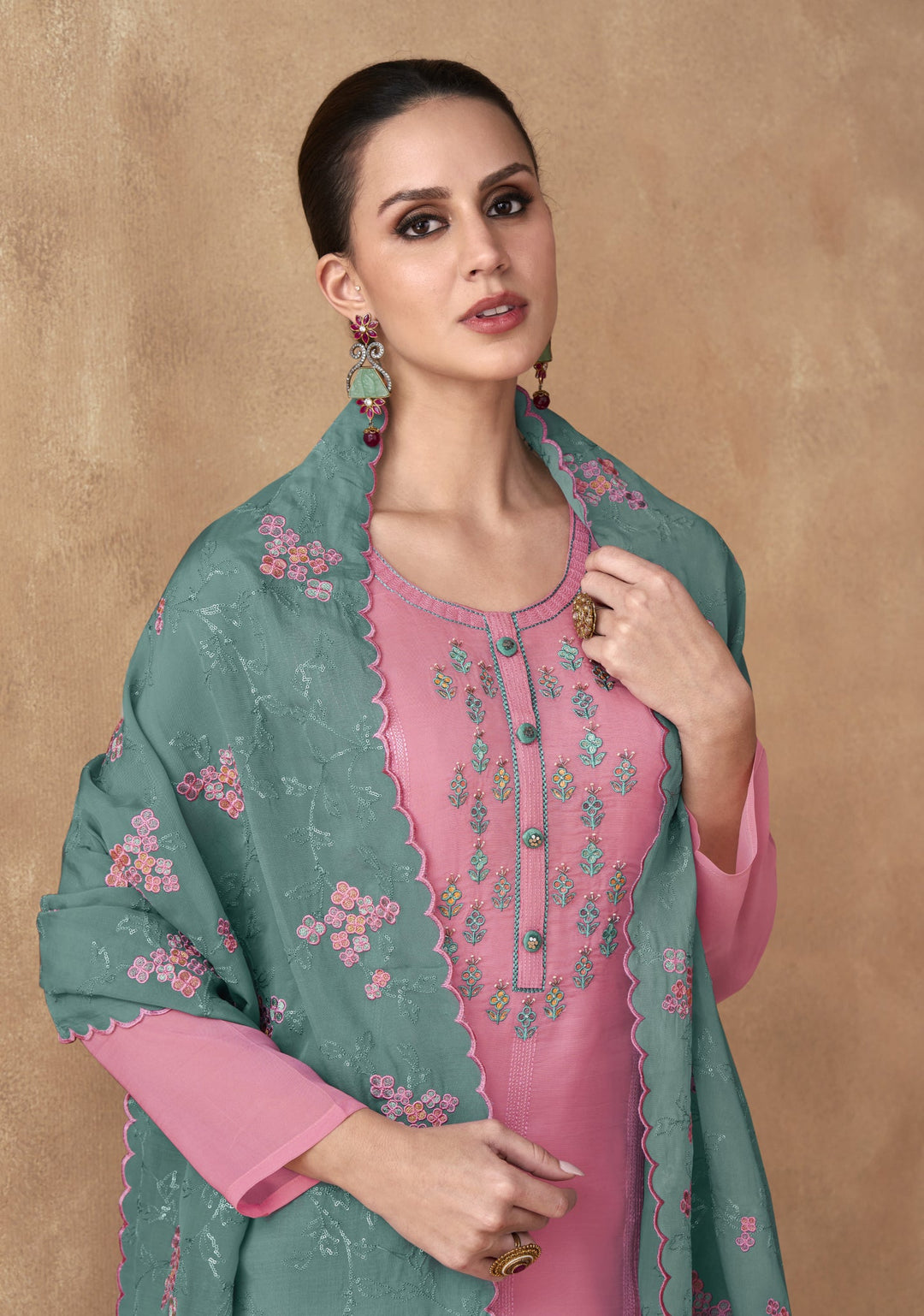Elegant Pink Real Chinon & Georgette Salwar Suit for Weddings & Parties