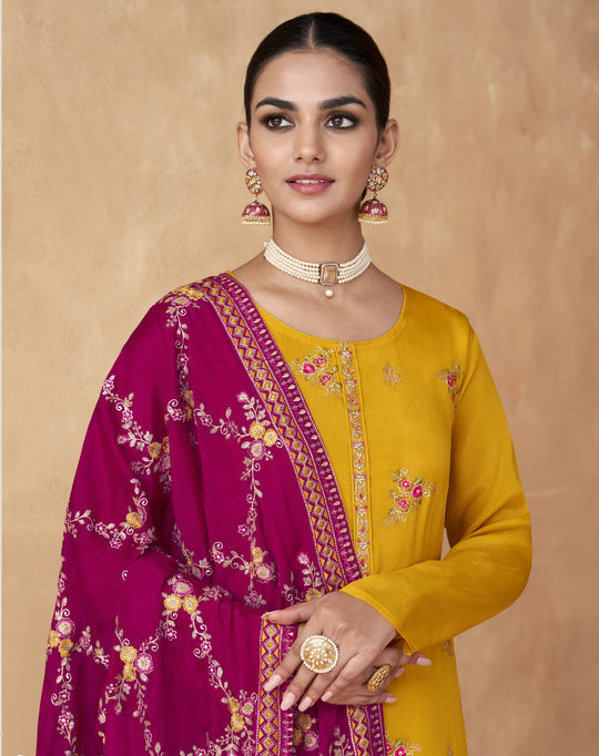 Elegant Yellow Salwar Suit in Real Chinon & Georgette for Wedding and Parties