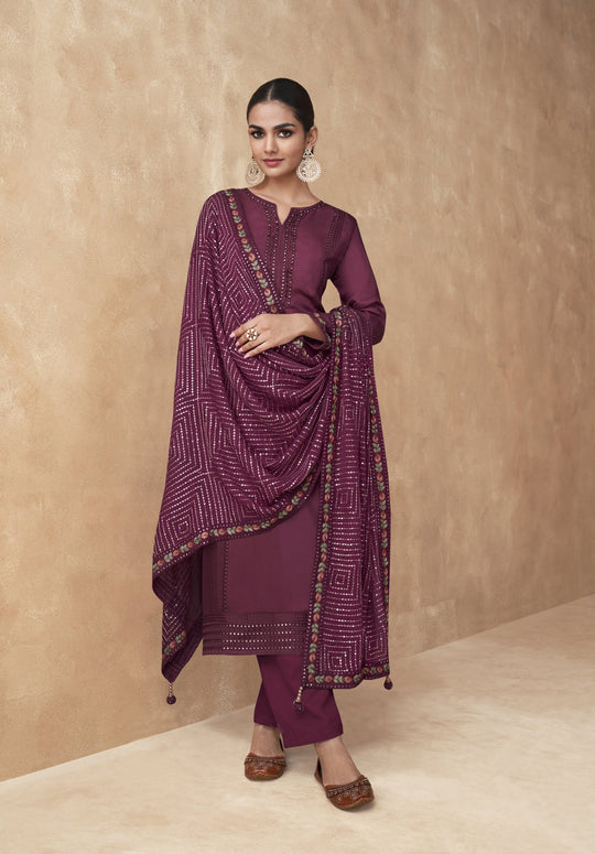 Elegant Purple Real Chinon & Georgette Salwar Suit for Wedding & Party