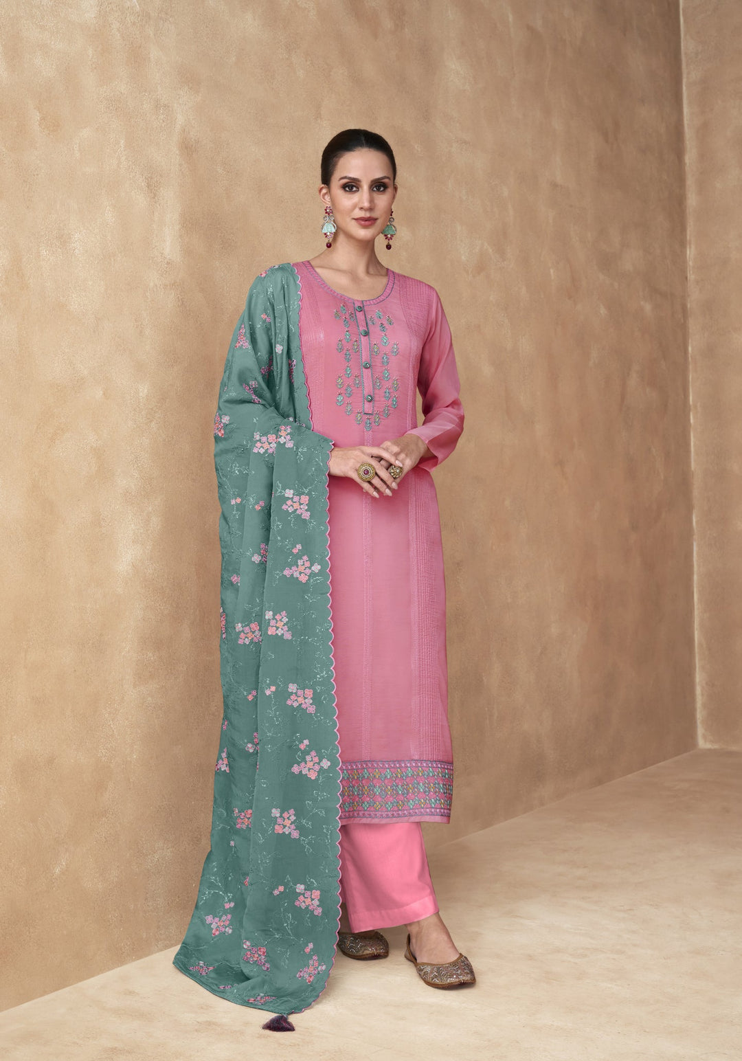 Elegant Pink Real Chinon & Georgette Salwar Suit for Weddings & Parties