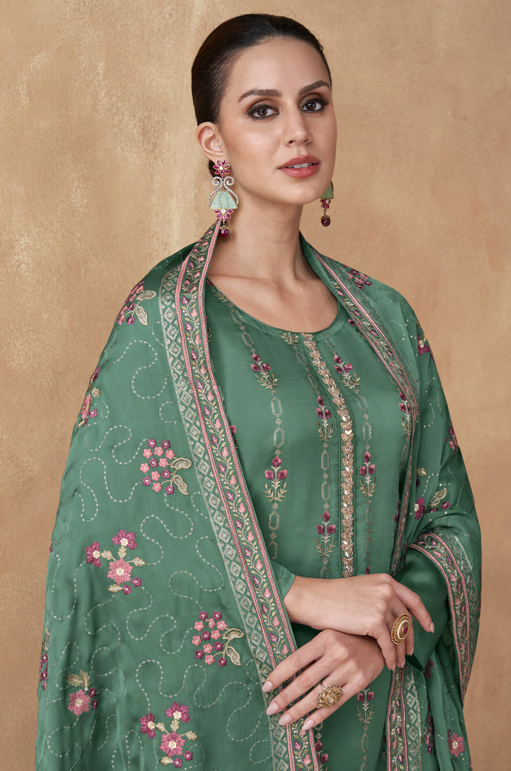 Elegant Green Salwar Suit with Real Chinon & Georgette for Weddings and Parties