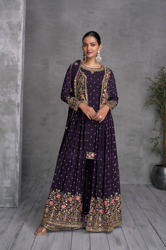 Elegant Purple Georgette Gown with Exquisite Embroidery for Weddings and Parties