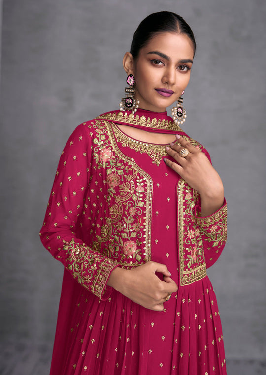 Elegant Pink Georgette Gown with Exquisite Embroidery for Wedding and Parties