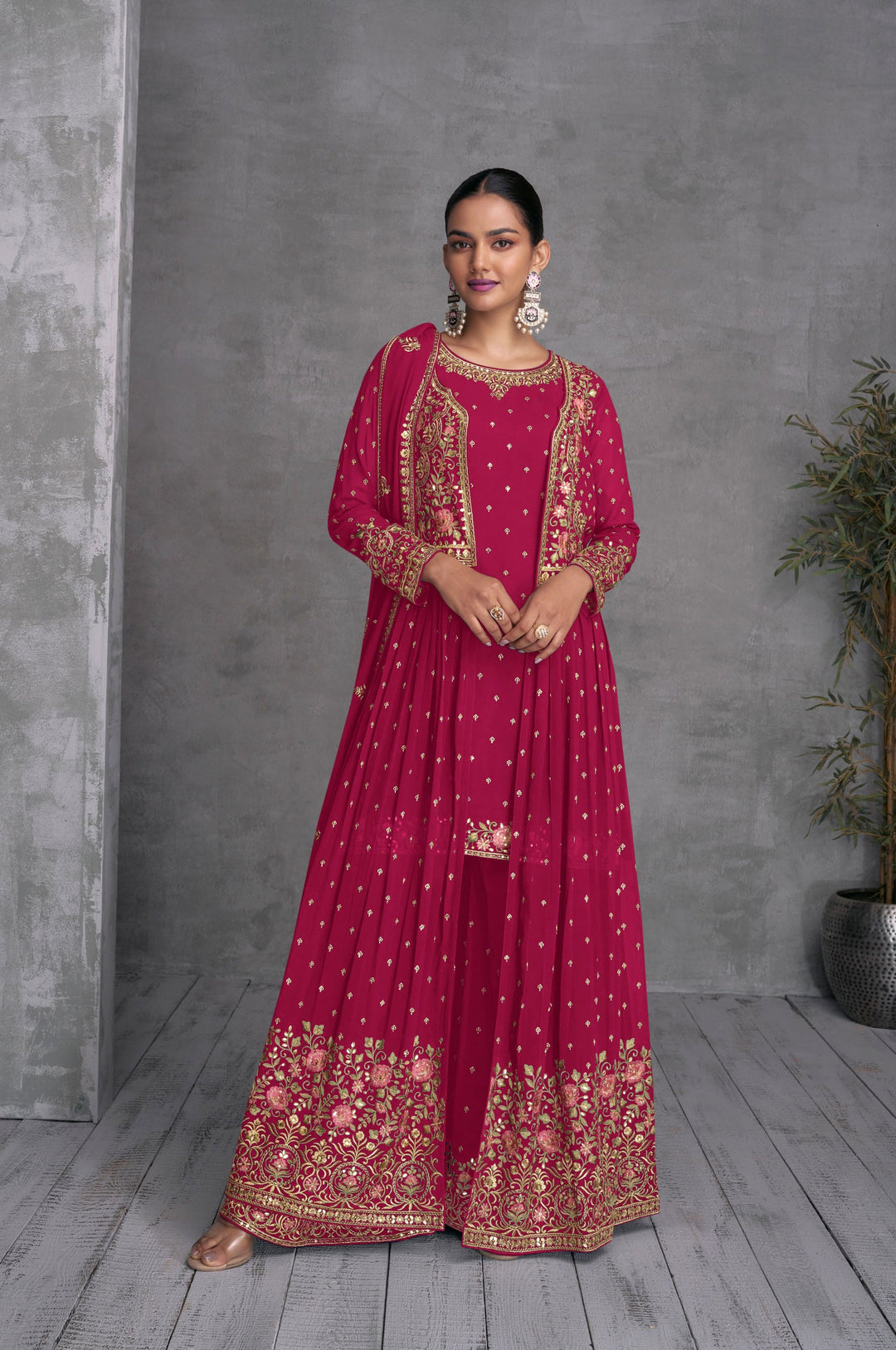 Elegant Pink Georgette Gown with Exquisite Embroidery for Wedding and Parties