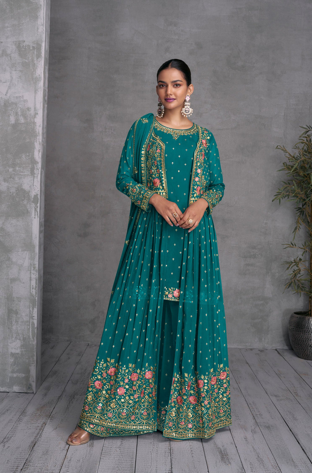Elegant Blue Georgette Gown with Exquisite Embroidery for Weddings and Parties