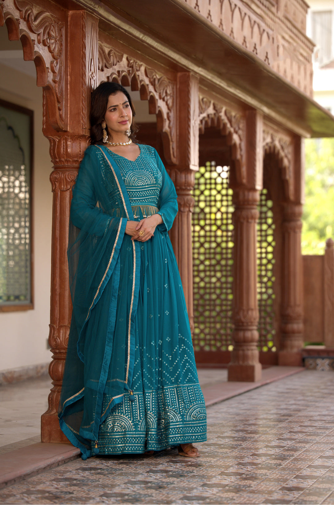 Elegant Blue Georgette Gown with Exquisite Embroidery for Weddings & Parties