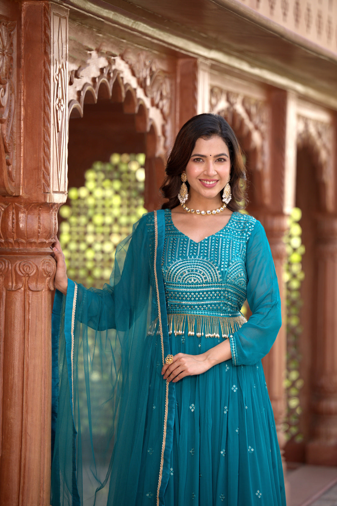 Elegant Blue Georgette Gown with Exquisite Embroidery for Weddings & Parties