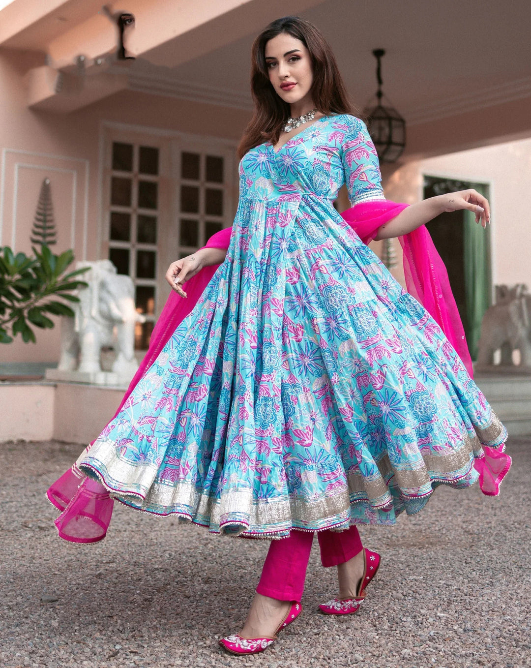 Elegant Blue Chanderi Silk Gown with Digital Print for Weddings and Parties