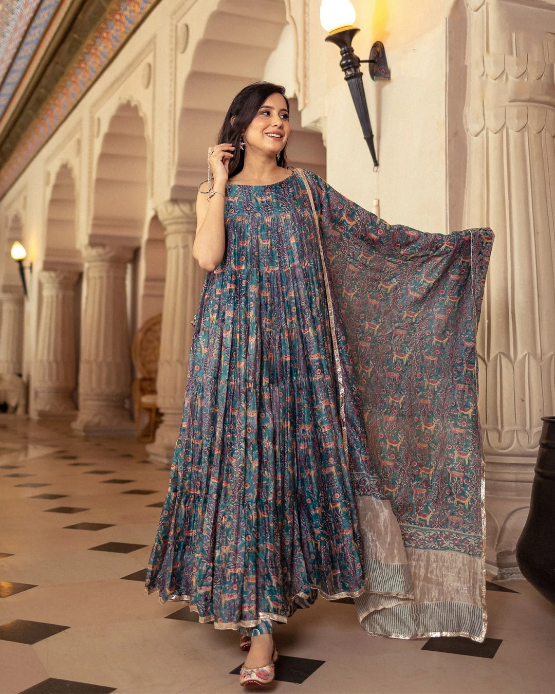 Elegant Blue Digital Printed Gown in Soft Chanderi Silk