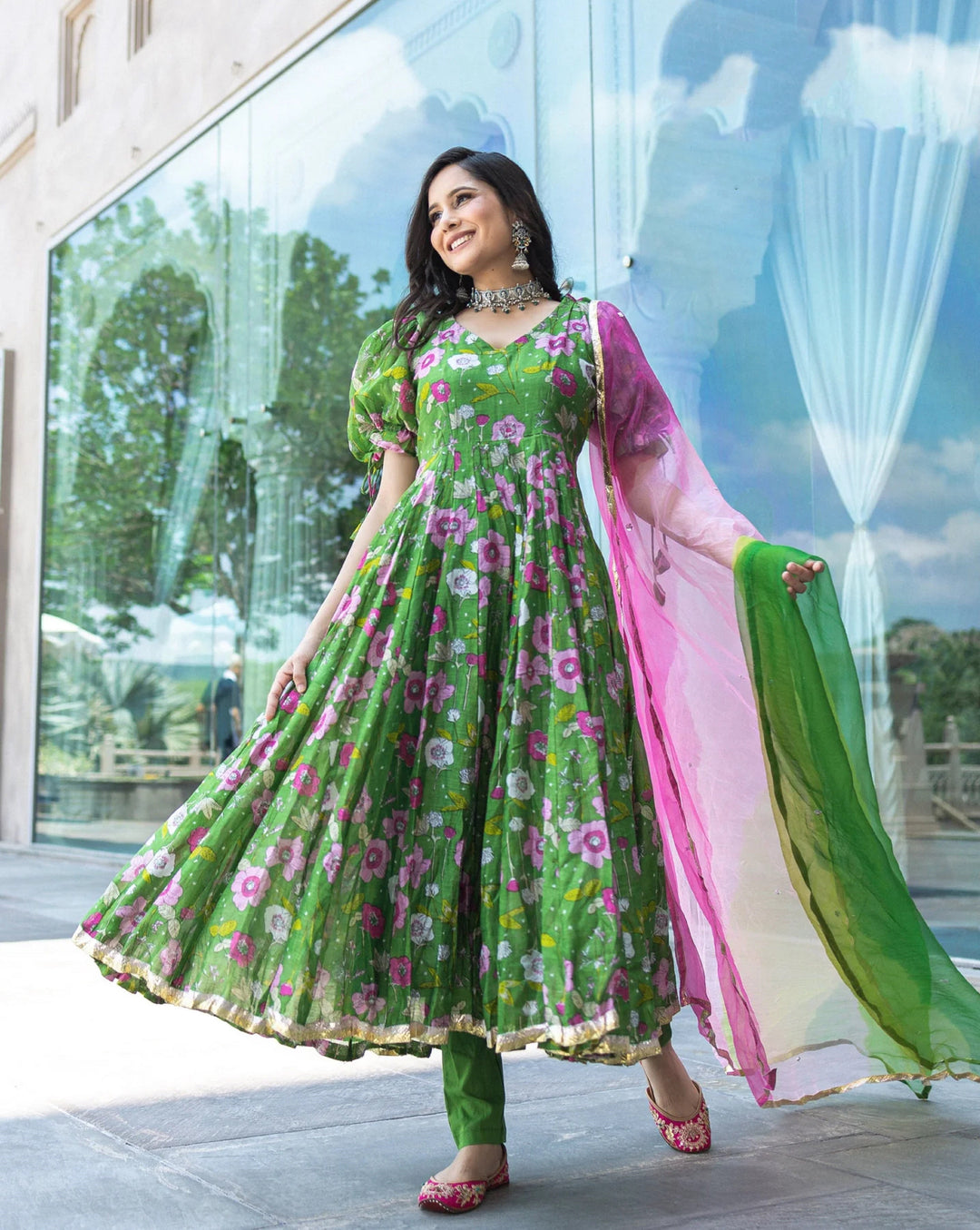Elegant Green Digital Printed Gown in Soft Chanderi Silk