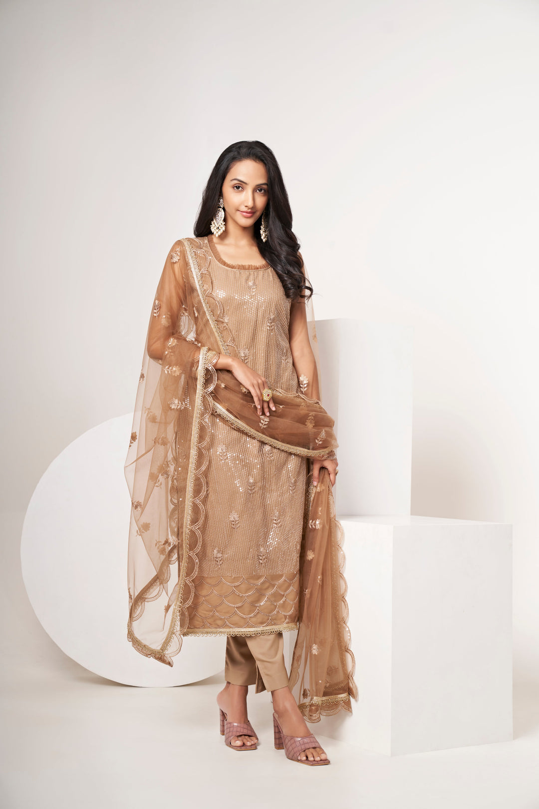 Elegant Brown Butterfly Net Salwar Suit with Sequin Embroidery for Weddings & Parties