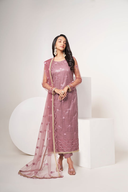 Elegant Pink Butterfly Net Salwar Suit with Thread and Sequence Embroidery