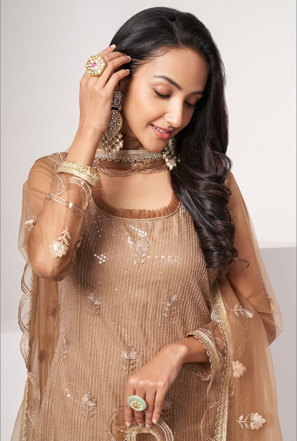 Elegant Brown Butterfly Net Salwar Suit with Sequin Embroidery for Weddings & Parties