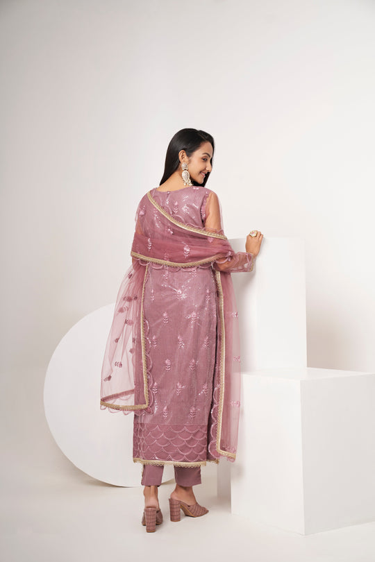 Elegant Pink Butterfly Net Salwar Suit with Thread and Sequence Embroidery