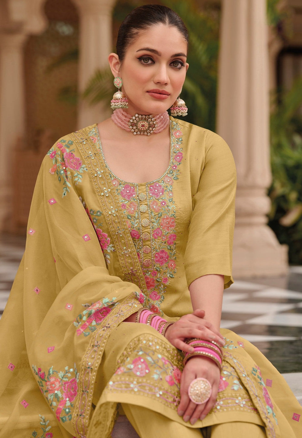 Elegant Light Yellow Salwar Suit: Maheshwari Viscose Silk with Intricate Embroidery for Party and Wedding Wear