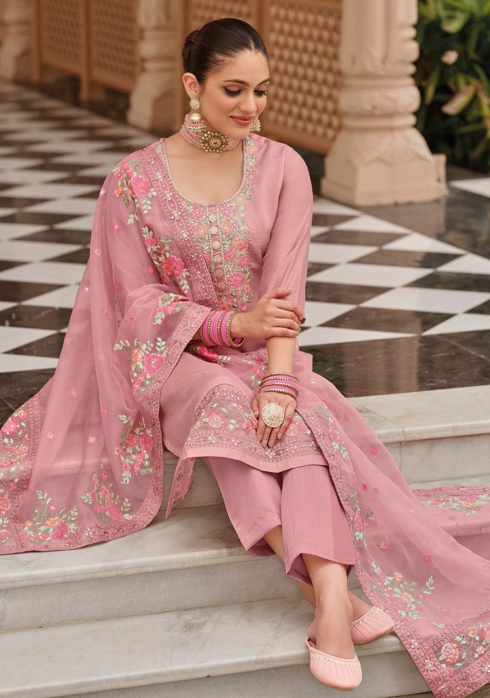 Enchanting Pink Maheshwari Silk Salwar Suit: Embroidered Perfection for Parties and Weddings