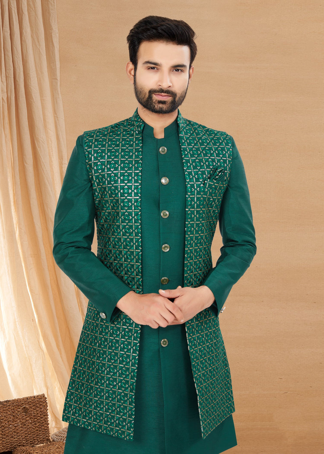Green Indo Western Sherwani with Exquisite Embroidery for Weddings & Parties