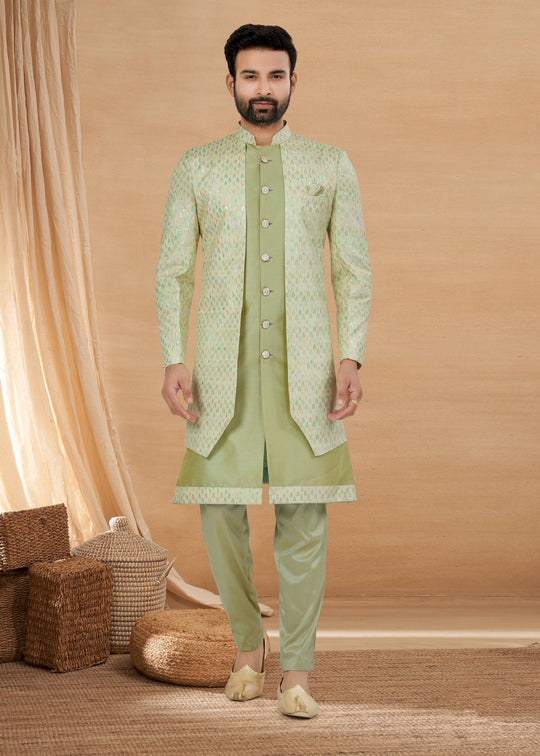Elegant Light Green Indo Western & Sherwani Men's Kurta with Jacquard Work for Weddings & Parties